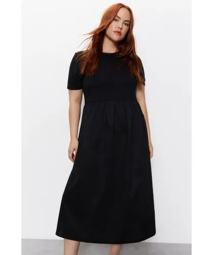 Warehouse Womens Plus Short Sleeve Woven Mix Midi Dress - Black Cotton