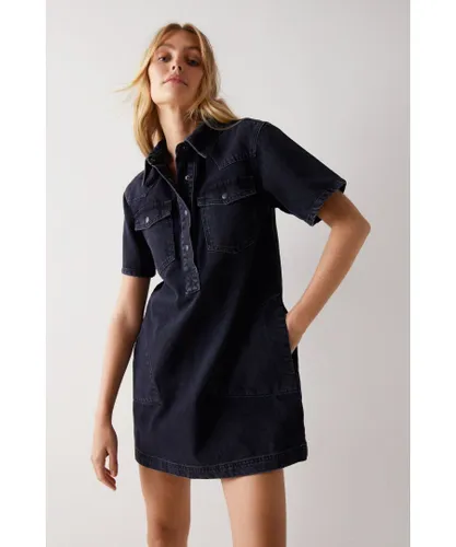 Warehouse Womens Pocket Front Button Down Denim Swing Dress - Black Cotton