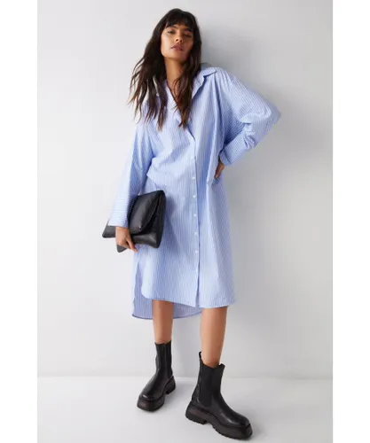 Warehouse Womens Poplin Oversized Shirt Dress - Blue Cotton