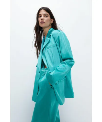 Warehouse Womens Premium Bonded Satin Oversized Blazer - Turquoise