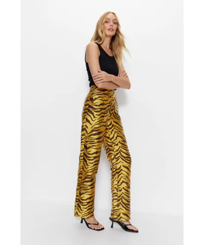 Warehouse Womens Premium Jacquard Zebra Print Trousers - Yellow