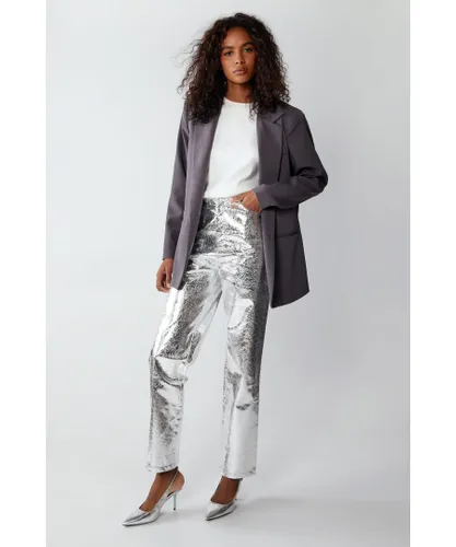 Warehouse Womens Premium Metallic Crackle Faux Leather Trouser - Silver