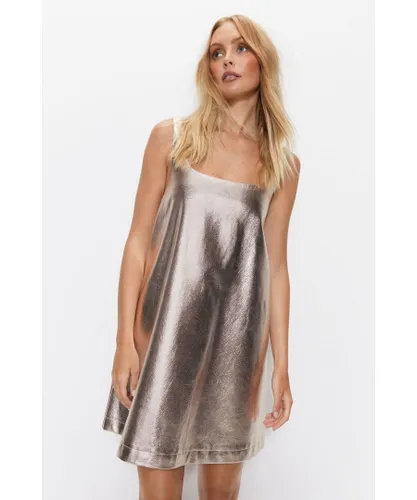Warehouse Womens Premium Metallic Faux Leather Dress - Champagne