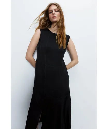 Warehouse Womens Premium Satin Sleeveless Midi Dress With Frill - Black Viscose