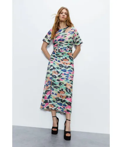 Warehouse Womens Printed Sequin Ruched Side Midi Dress - Animal