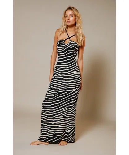 Warehouse Womens Rayon Zebra Rope Halter Neck Maxi Dress - Black Viscose