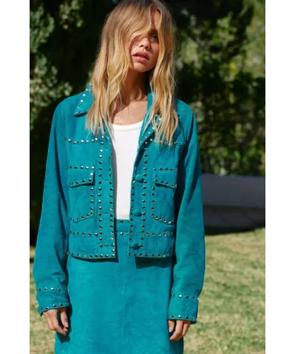 Warehouse Womens Real Suede Studded Cropped Jacket - Turquoise Leather
