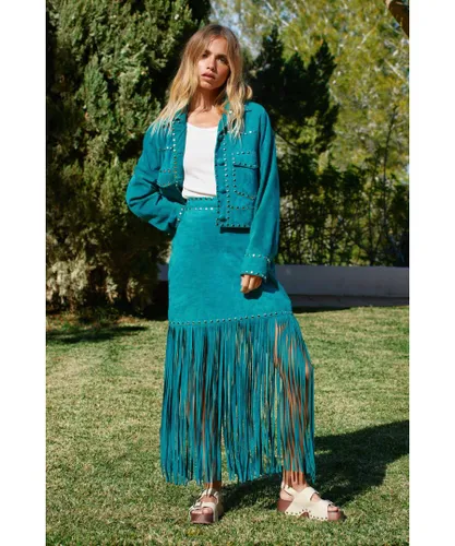 Warehouse Womens Real Suede Studded Fringe Skirt - Turquoise Leather