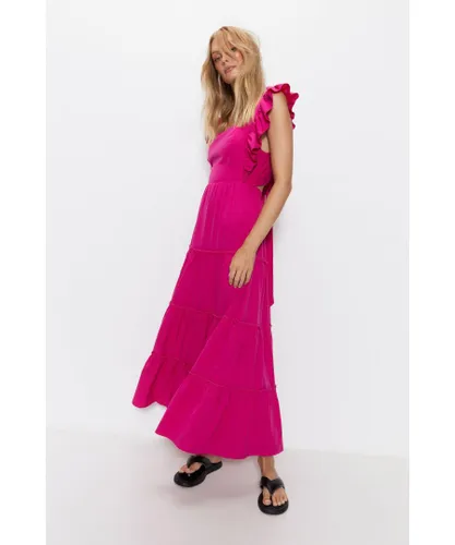 Warehouse Womens Ruffle Tie Back Tiered Midi Dress - Pink