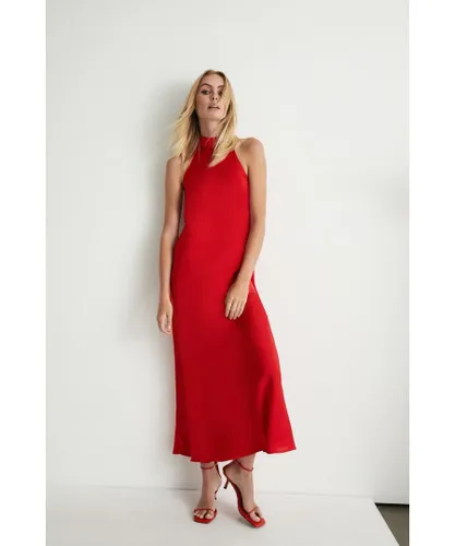 Warehouse Womens Satin Halter Neck Backless Slip Dress - Red