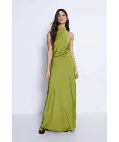 Warehouse Womens Satin Halterneck Slip Dress - Olive