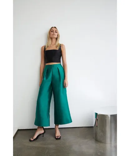 Warehouse Womens Satin Twill Extreme Wide Crop Trouser - Dark Green