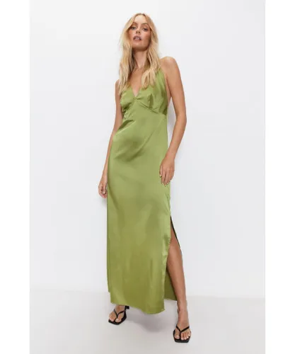 Warehouse Womens Satin V Neck Strappy Slip Dress - Olive