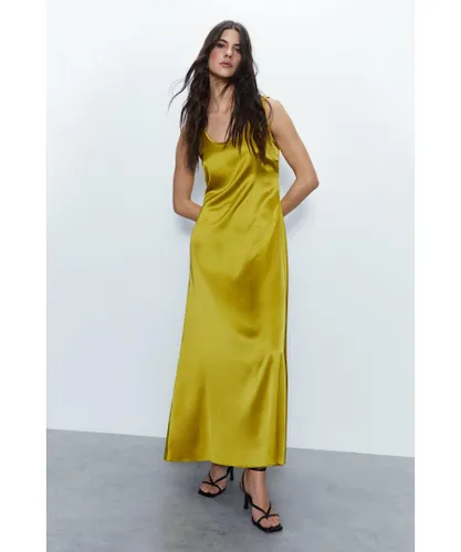 Warehouse Womens Scoop Neck Satin Midi Slip Dress - Yellow