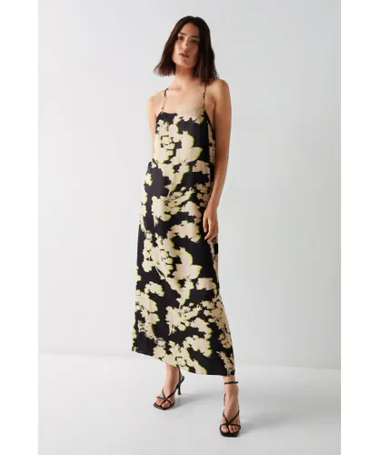Warehouse Womens Shadow Floral Premium Satin Strappy Dress - Black