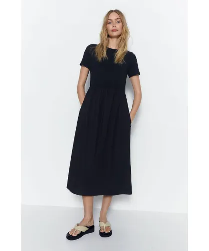 Warehouse Womens Short Sleeve Woven Mix Midi Dress - Black