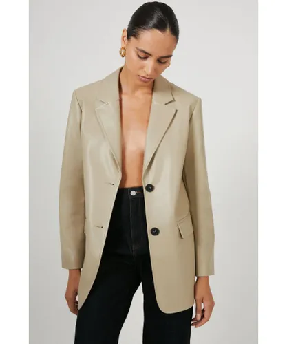Warehouse Womens Single Breasted Modern Faux Leather Blazer - Natural