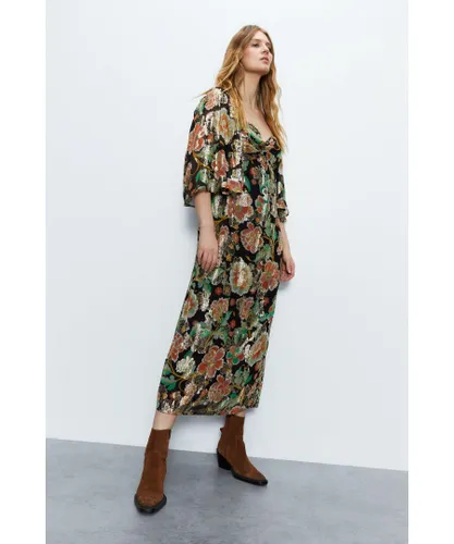 Warehouse Womens Sparkle Floral Jacquard Twist Neck Midi Dress - Black