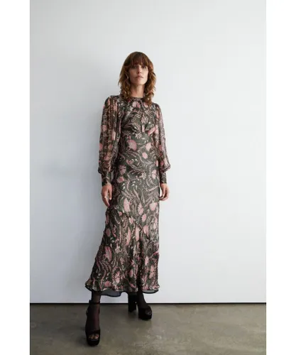 Warehouse Womens Sparkle Floral Print Bias Cut Midi Dress - Black
