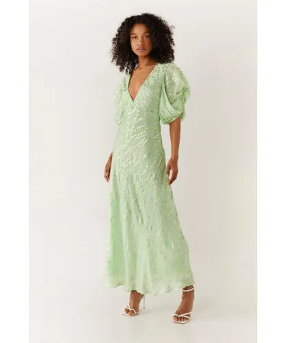 Warehouse Womens Sparkle Floral V Neck Puff Sleeve Midi Dress - Sage Green