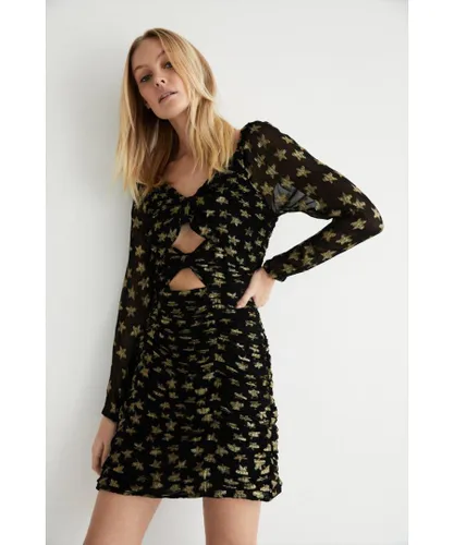 Warehouse Womens Sparkle Jacquard Ruched Mini Dress - Black