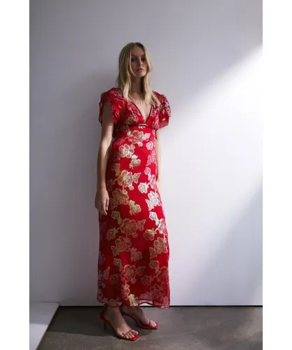 Warehouse Womens Sparkle Jacquard Ruffle V Neck Midi Dress - Red