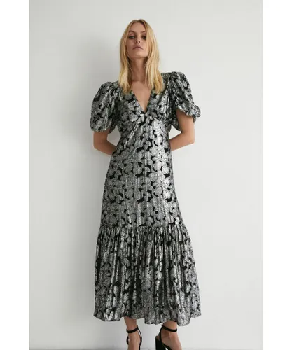 Warehouse Womens Sparkle Jacquard V Neck Midi Dress - Black
