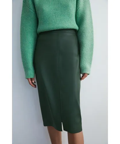 Warehouse Womens Split Front Faux Leather Pencil Skirt - Dark Green