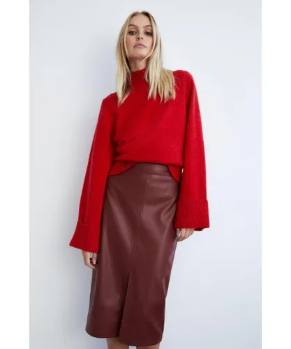 Warehouse Womens Split Front Faux Leather Pencil Skirt - Dark Red