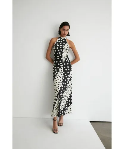 Warehouse Womens Spot Satin Halter Neck Backless Maxi Dress - Monochrome Multi