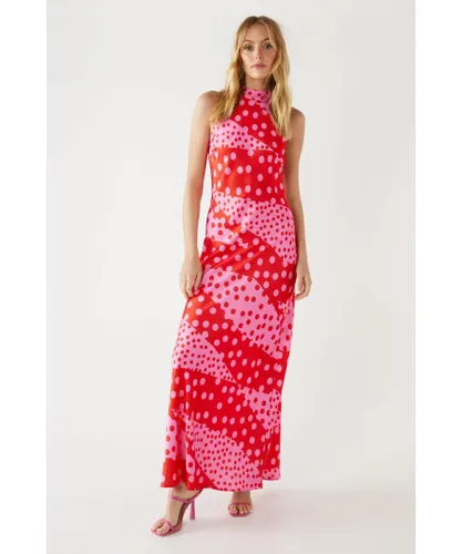 Warehouse Womens Spot Satin Halter Neck Backless Maxi Dress - Red