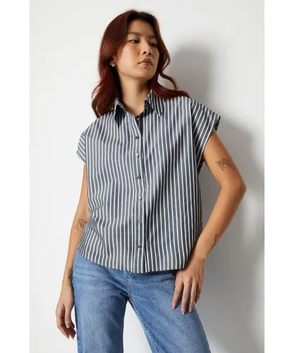 Warehouse Womens Stipe Button Through Boxy Shirt - Black Cotton