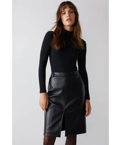 Warehouse Womens Stitch Detail Faux Leather Pencil Skirt - Black