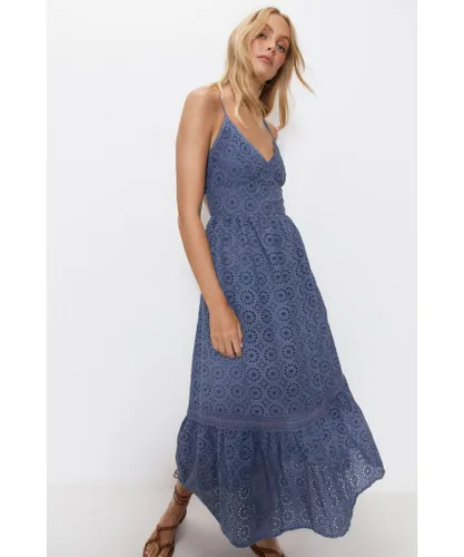 Warehouse Womens Strappy Broderie Maxi Dress - Pale Blue Cotton