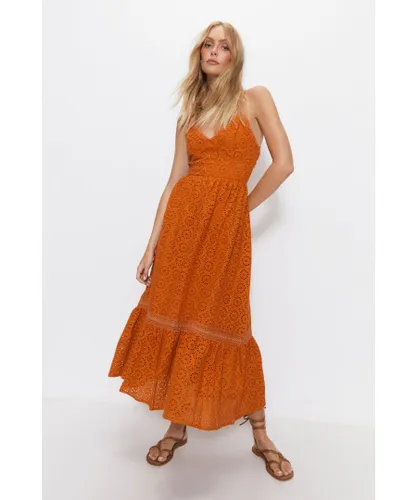 Warehouse Womens Strappy Broderie Maxi Dress - Rust Cotton