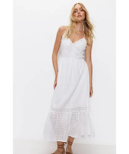 Warehouse Womens Strappy Broderie Maxi Dress - White Cotton