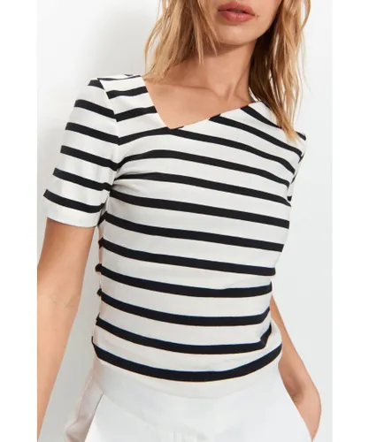 Warehouse Womens Stripe Asymmetric Neckline Top - Black/White Cotton