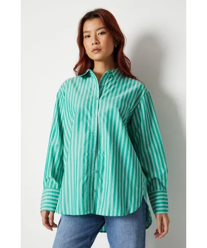 Warehouse Womens Stripe Boyfriend Shirt - Green Cotton