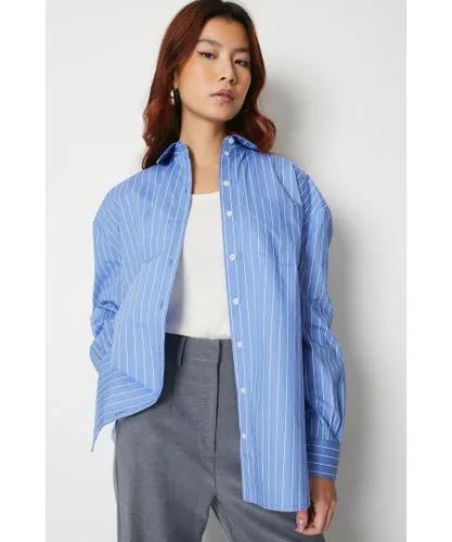 Warehouse Womens Stripe Oversized Shirt - Light Blue Cotton