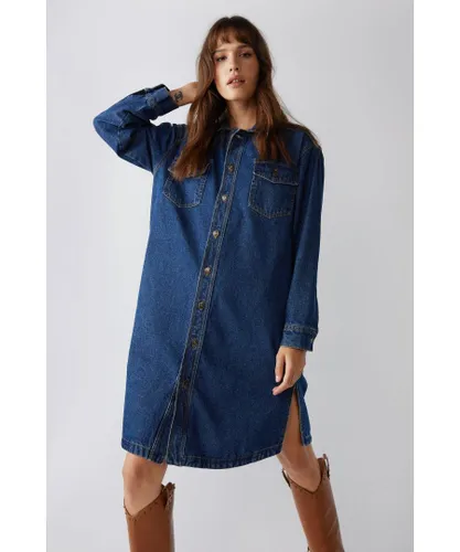 Warehouse Womens The Longline Denim Shirt Dress - Indigo Blue Cotton