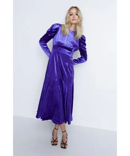 Warehouse Womens Tinsel Velvet Volume Sleeve Midi Dress - Purple