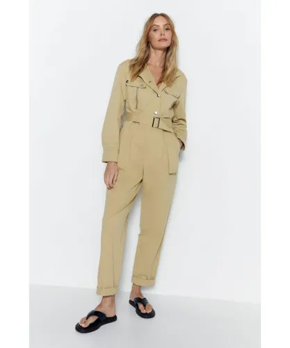 Warehouse Womens Twill High Neck Belted Utility Boilersuit - Sand Cotton