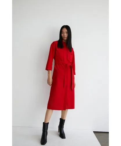 Warehouse Womens Utility Shirt Dress With 3/4 Sleeve - Red