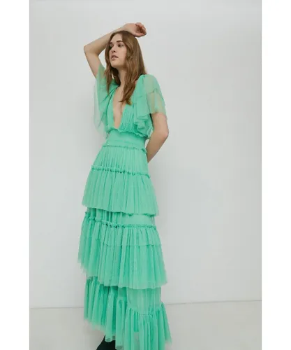 Warehouse Womens V Neck Tulle Maxi Dress - Green