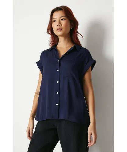 Warehouse Womens Washed Satin Roll Sleeve Oversize Shirt - Navy