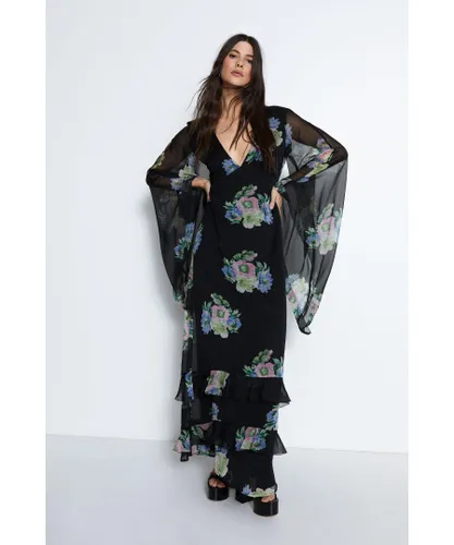 Warehouse Womens Waterfall Sleeve Plunge Floral Maxi Dress - Black