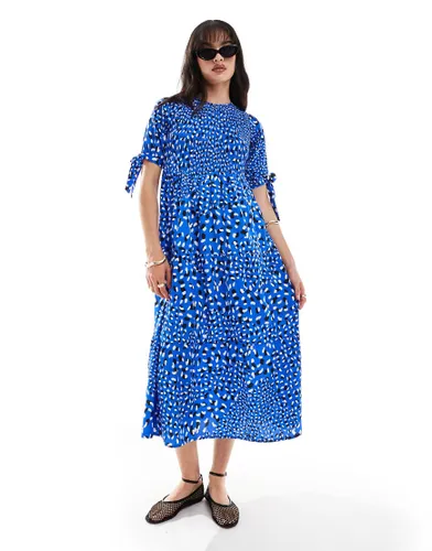 Wednesday's Girl abstract print shirred midaxi dress in blue