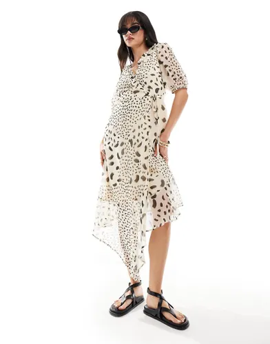 Wednesday's Girl abstract spot ruffle wrap midi dress in cream-Neutral