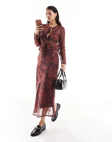 Wednesday's Girl bias cut floral burnout midaxi skirt co-ord in rust-Brown