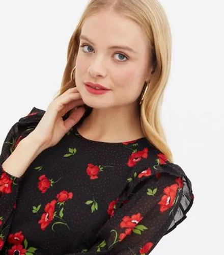 Wednesday's Girl Black Floral Spot Chiffon Mini Dress New Look